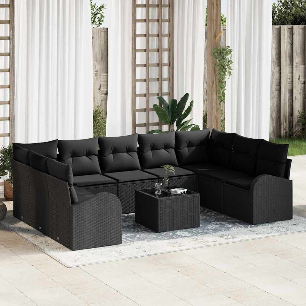 Bankstel met kussen 10 pcs Zwart Poly Rattan is nu te koop bij PeponiXL, paradijselijk wonen!