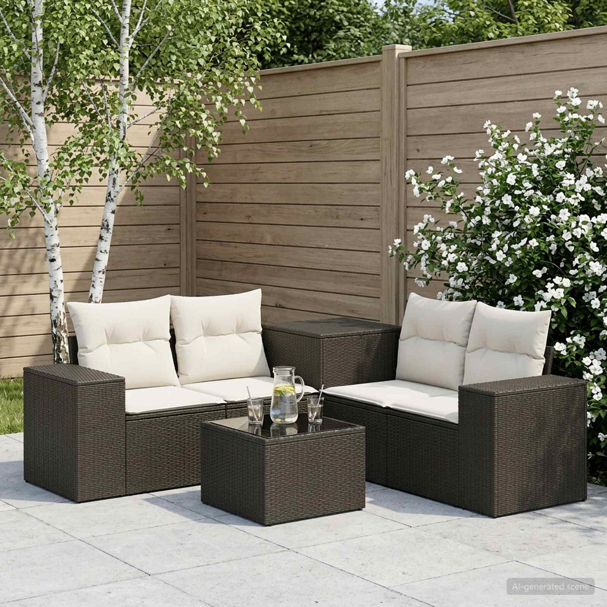 Bankstel 6 st Zwart en Cream Wit Poly Rattan en Staal is nu te koop bij PeponiXL, paradijselijk wonen!