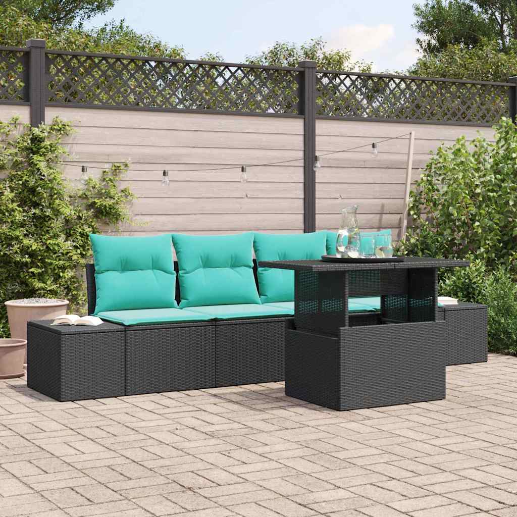 Bankstel met kussen 5 pcs Zwart en Blauw poly rattan is nu te koop bij PeponiXL, paradijselijk wonen!