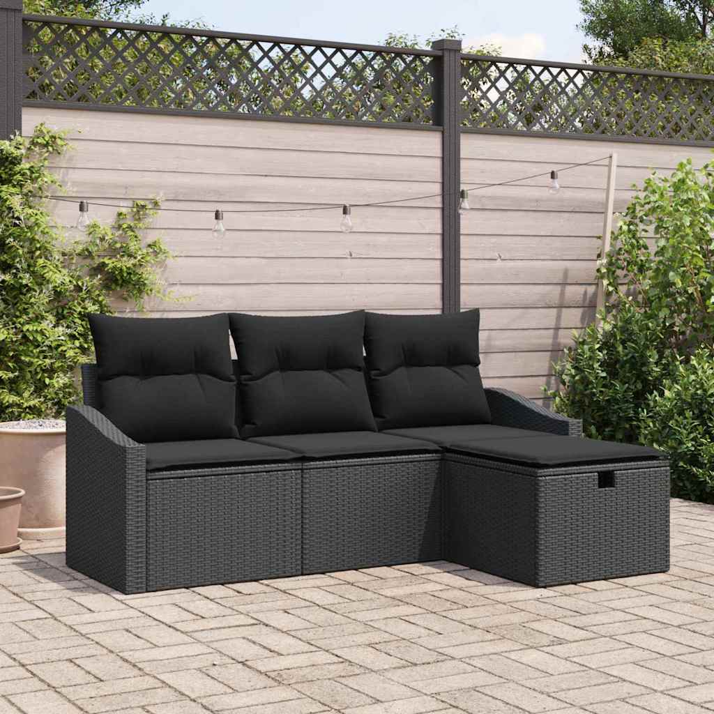 Bankstel met kussen met opslag 4 pcs Zwart poly rattan is nu te koop bij PeponiXL, paradijselijk wonen!