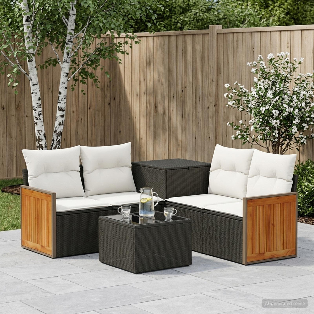 Bankstel 6 st Zwart en Cream Wit Poly Rattan en Staal is nu te koop bij PeponiXL, paradijselijk wonen!