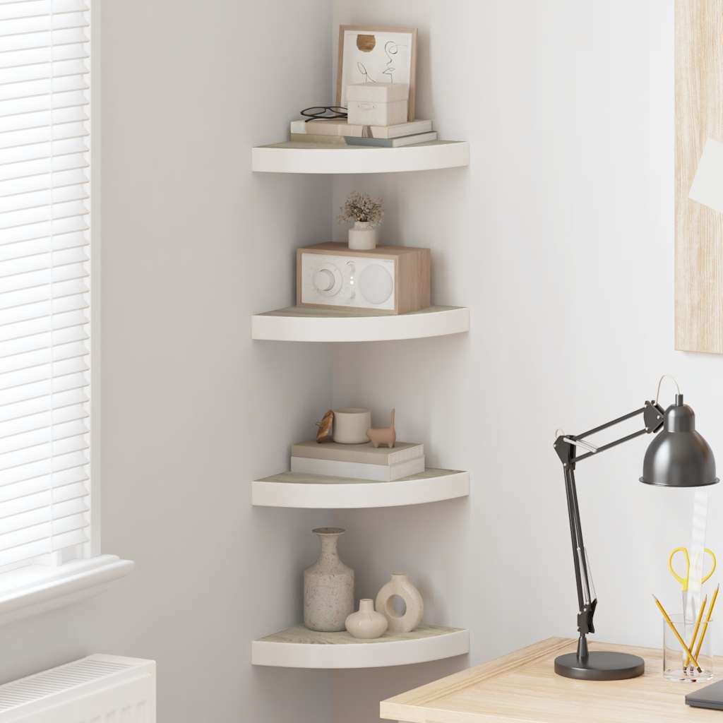 Hoekwandschappen 4 st 25x25x3,8 cm MDF eikenkleurig en wit is nu te koop bij PeponiXL, paradijselijk wonen!