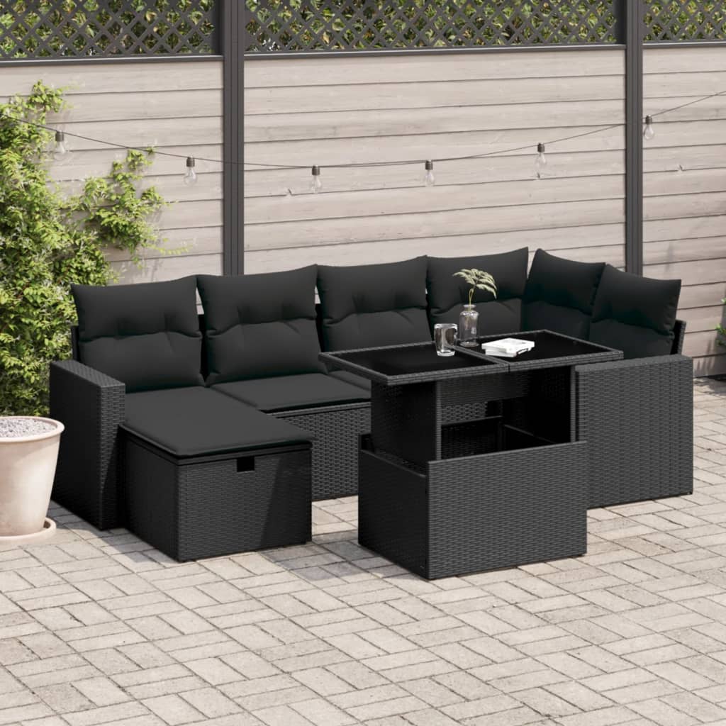 7-delige Loungeset met kussens poly rattan zwart is nu te koop bij PeponiXL, paradijselijk wonen!