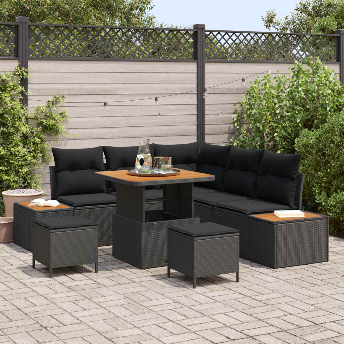 Tuinbankenset met kussen met opslag 8 pcs Zwart Poly riet is nu te koop bij PeponiXL, paradijselijk wonen!