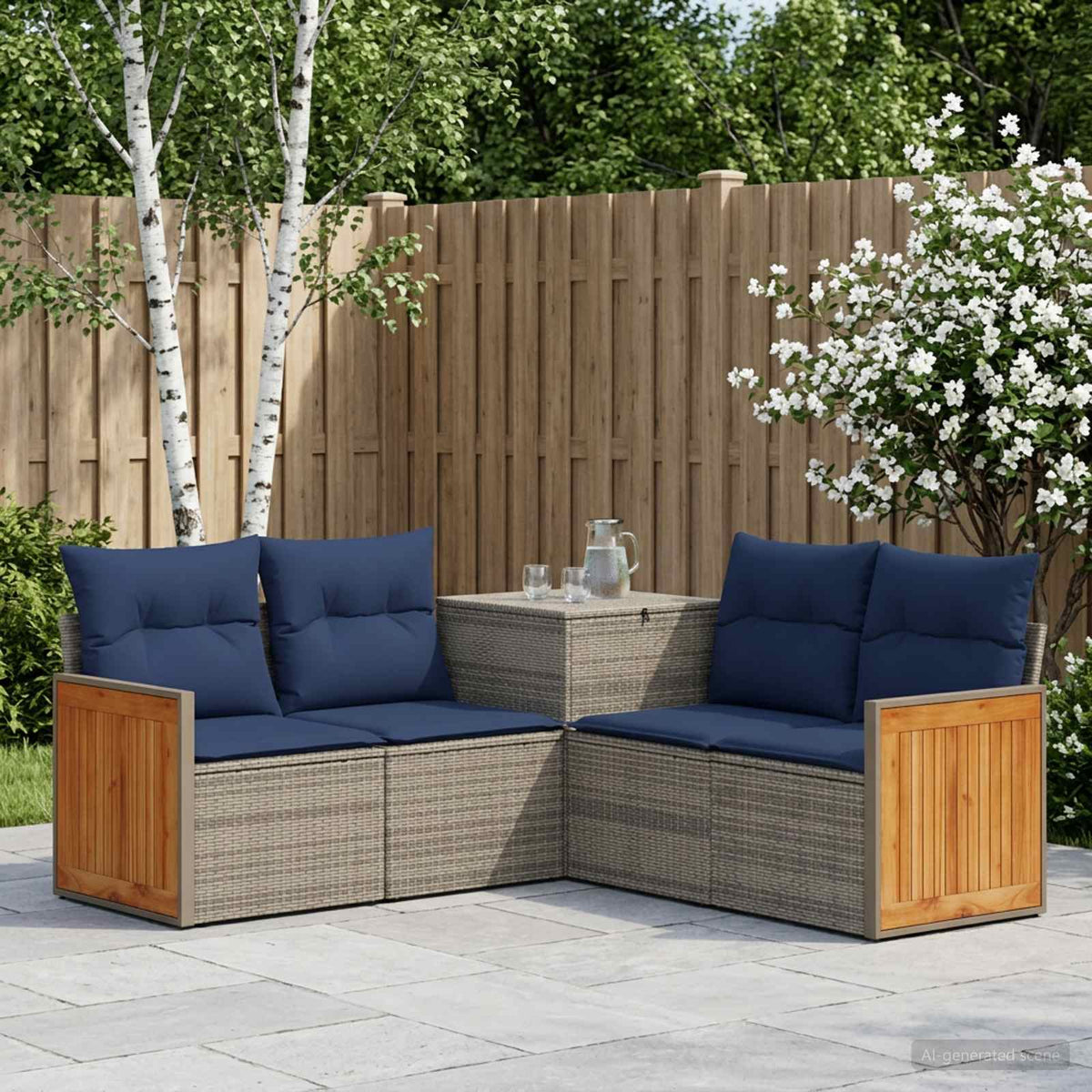 Bankstel 5 st Grijs en Marineblauw Poly Rattan en Staal is nu te koop bij PeponiXL, paradijselijk wonen!