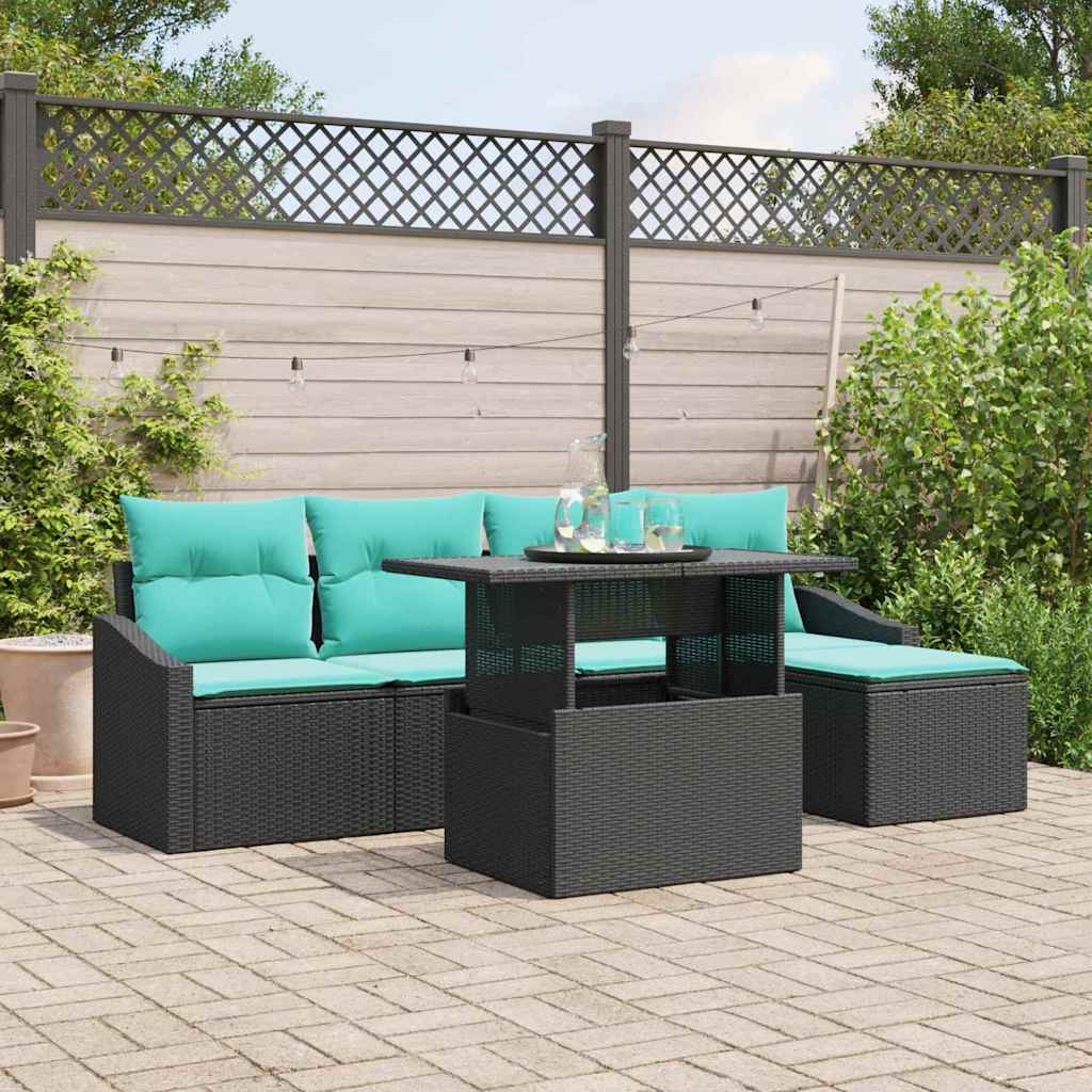 Tuin Sofa Set met kussen 6 pcs Zwart en Blauw poly rattan is nu te koop bij PeponiXL, paradijselijk wonen!