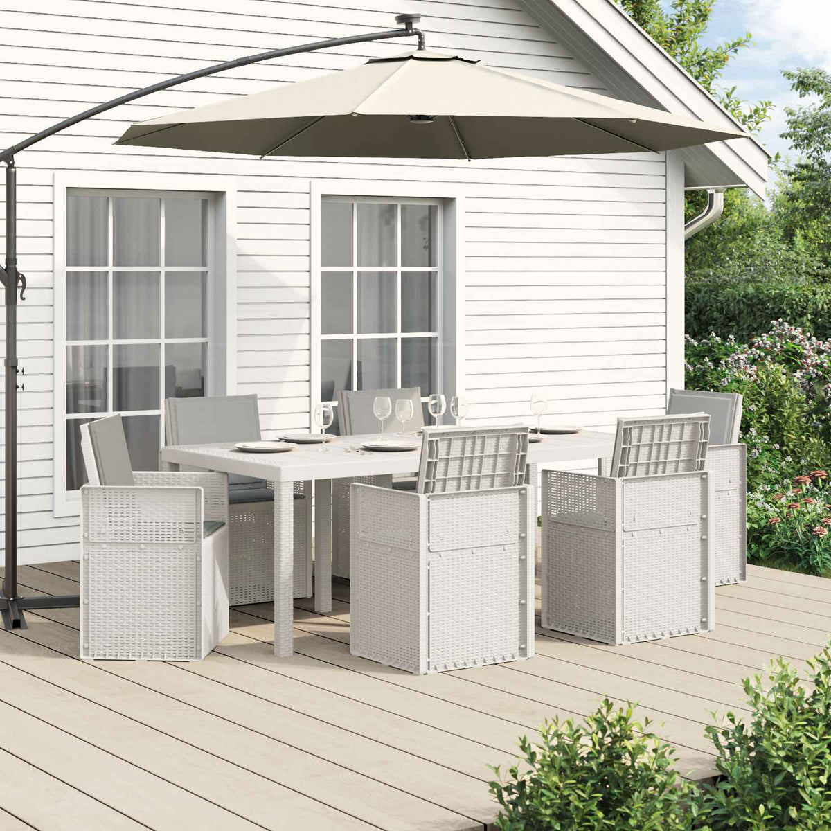 Tuin eettafelset met kussen 7 pcs Wit en Lichtgrijs PP is nu te koop bij PeponiXL, paradijselijk wonen!