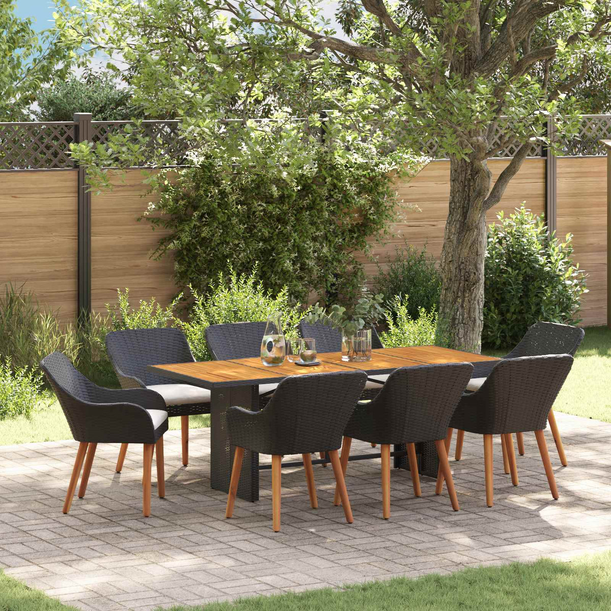 Tuin eettafelset met kussen 9 pcs Zwart poly rattan is nu te koop bij PeponiXL, paradijselijk wonen!