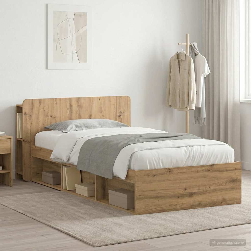 Bedframe met opslag Artisanaal eiken 90 x 190 cm Bewerkt hout is nu te koop bij PeponiXL, paradijselijk wonen!