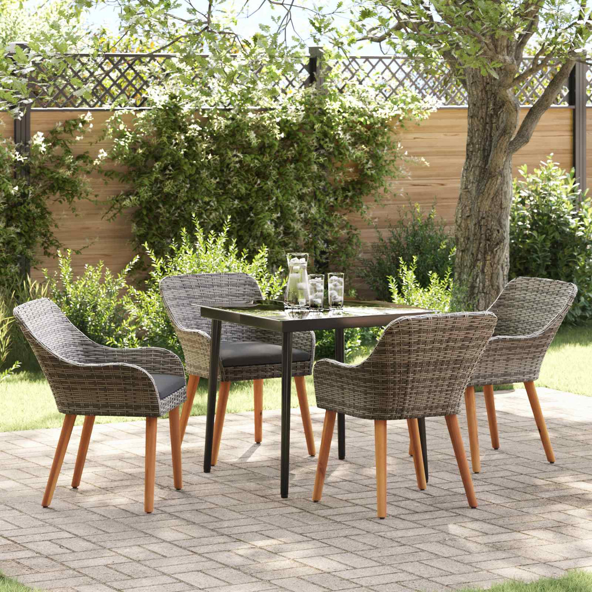 Tuin eettafelset met kussen 5 pcs Grijs poly rattan is nu te koop bij PeponiXL, paradijselijk wonen!