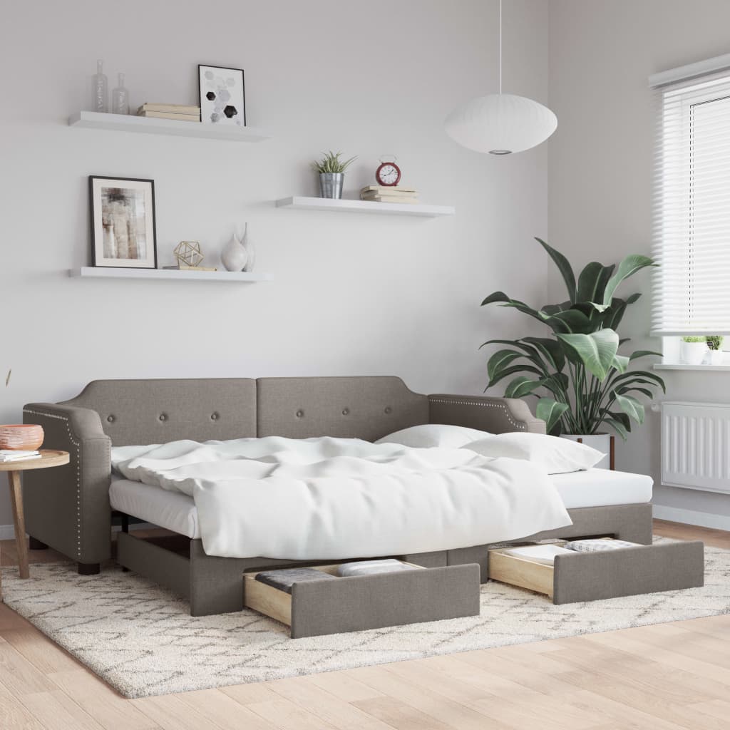 Slaapbank met onderschuifbed en lades 90x200 cm stof taupe is nu te koop bij PeponiXL, paradijselijk wonen!