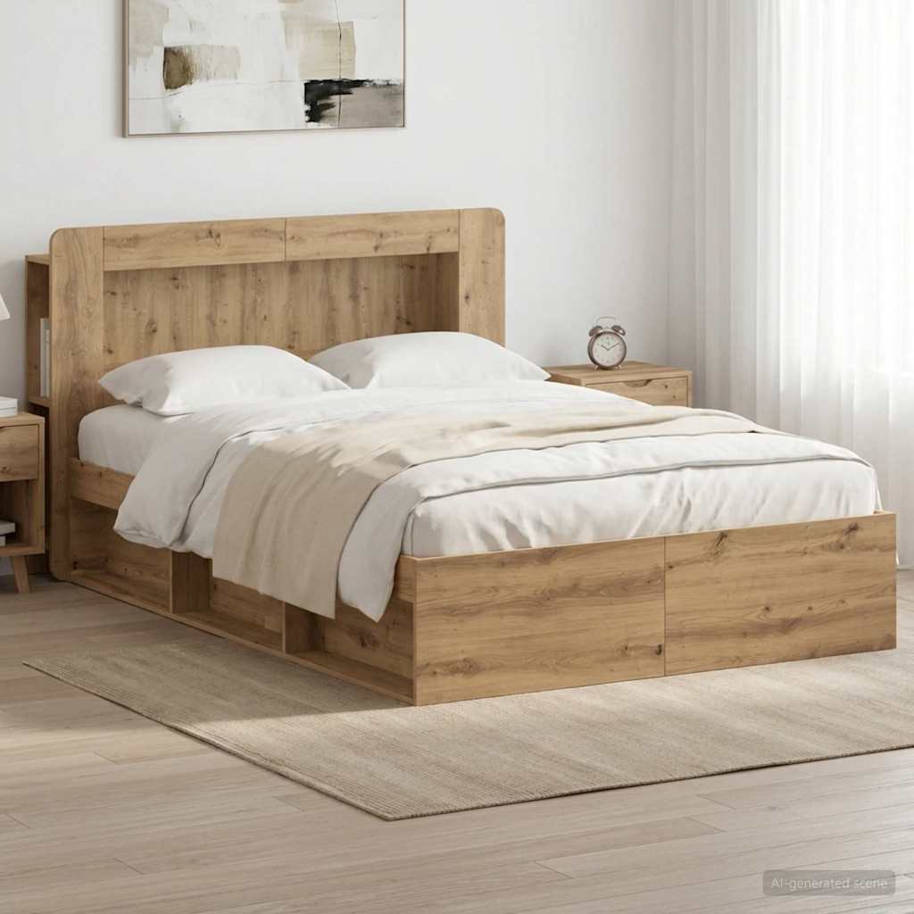 Bedframe met opslag Artisanaal eiken 140 x 190 cm Bewerkt hout is nu te koop bij PeponiXL, paradijselijk wonen!