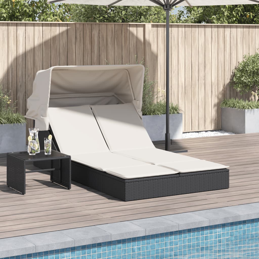 Ligbed 2-persoons met luifel en kussens poly rattan zwart is nu te koop bij PeponiXL, paradijselijk wonen!
