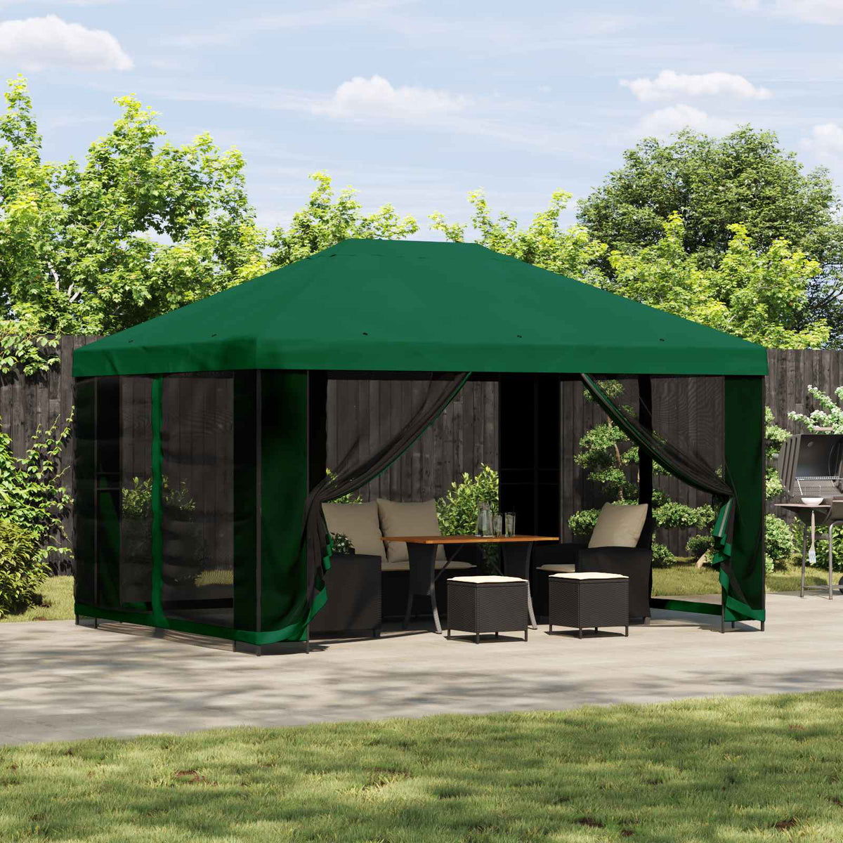 Tuin Gazebo met Zijwanden 4 × 3 m Groen Polyester en staal 190 is nu te koop bij PeponiXL, paradijselijk wonen!