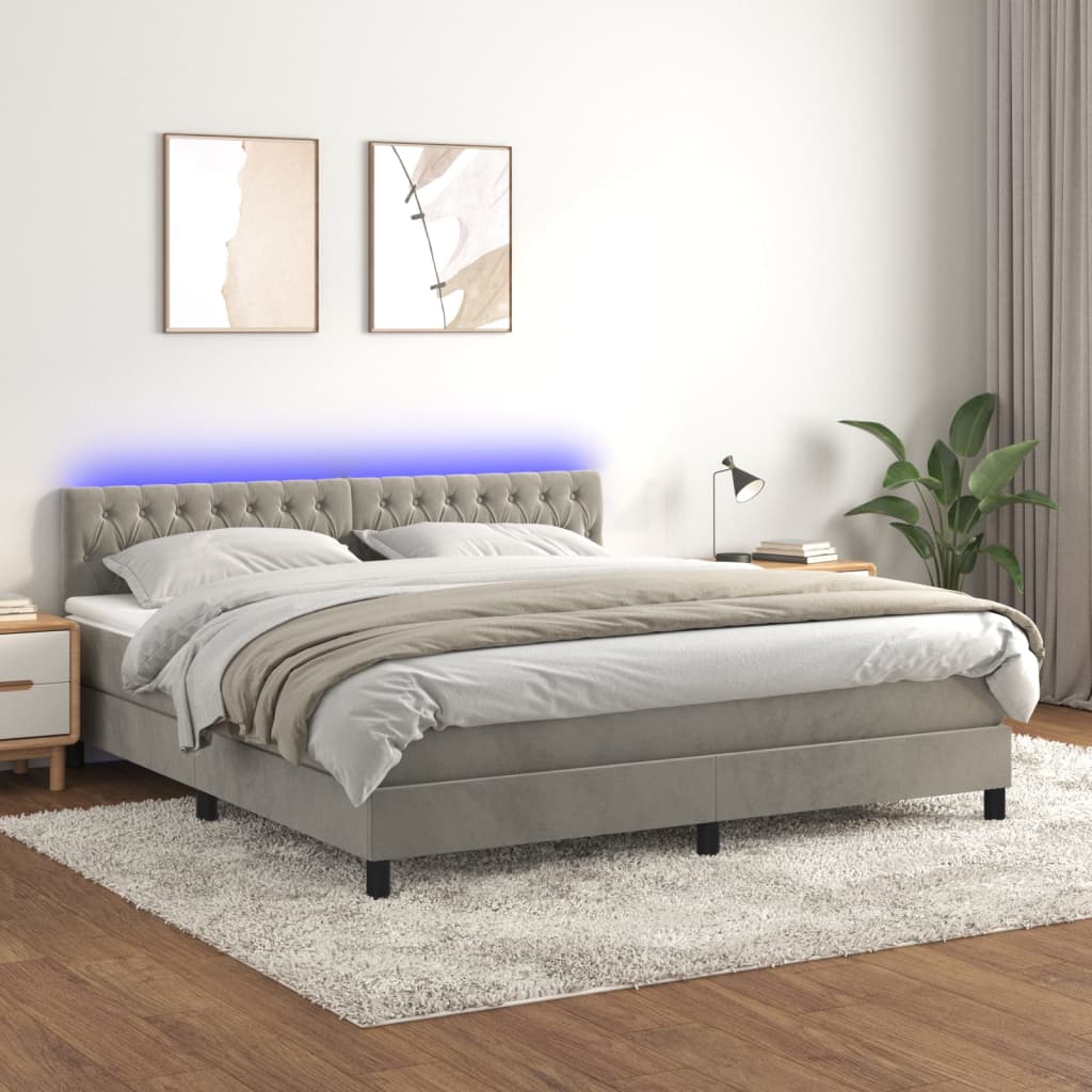 Boxspring met matras en LED fluweel lichtgrijs 160x200 cm is nu te koop bij PeponiXL, paradijselijk wonen!