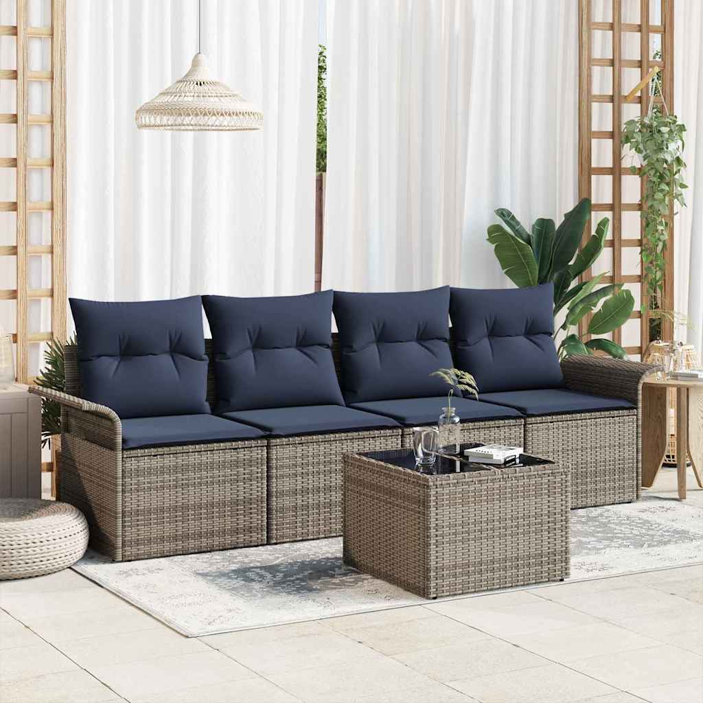 Tuin Sofa Set met kussen 5 pcs Grijs en Marineblauw poly rattan is nu te koop bij PeponiXL, paradijselijk wonen!