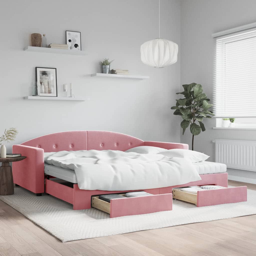 Slaapbank met onderschuifbed en lades 100x200 cm fluweel roze is nu te koop bij PeponiXL, paradijselijk wonen!
