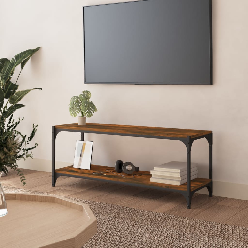 Tv-meubel 100x33x41 cm bewerkt hout en staal gerookt eikenkleur is nu te koop bij PeponiXL, paradijselijk wonen!