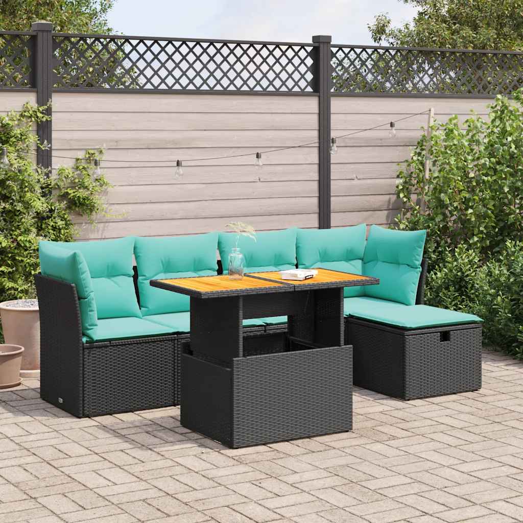 6-delige Loungeset met kussens poly rattan acacia zwart is nu te koop bij PeponiXL, paradijselijk wonen!