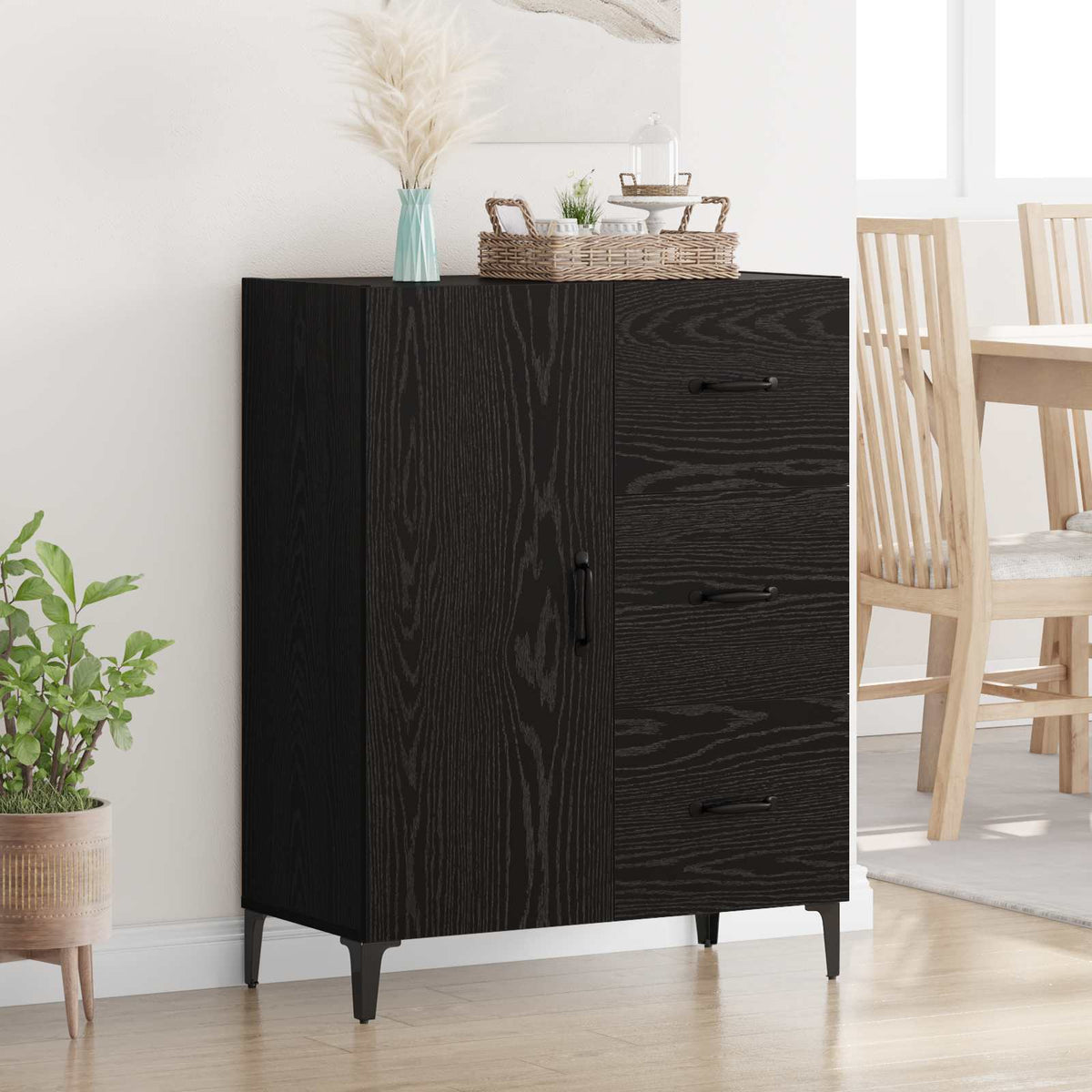 Dressoir met lade Zwart Eiken 69,5 x 34 x 90 cm Bewerkt hout is nu te koop bij PeponiXL, paradijselijk wonen!