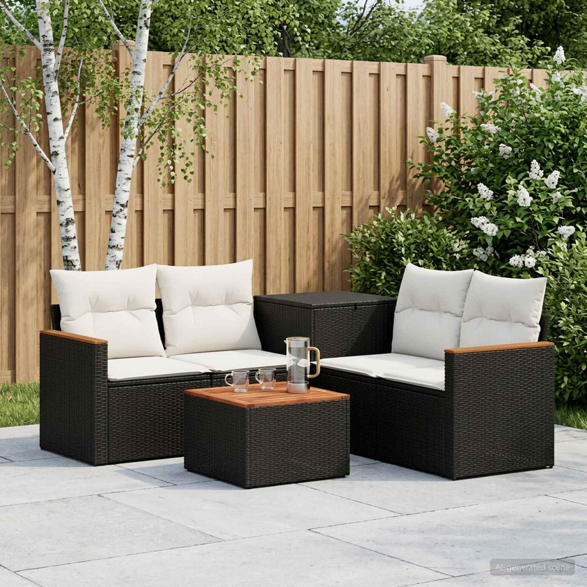 Bankstel 6 st Zwart en Cream Wit Poly Rattan en Staal is nu te koop bij PeponiXL, paradijselijk wonen!