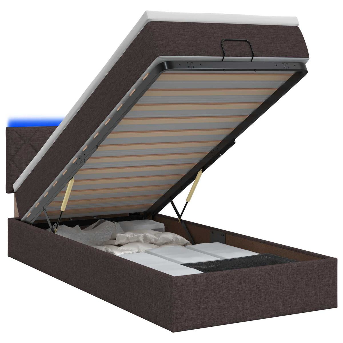 Ottoman Bed met Matrassen en LED Donkerbruin 100 x 200 cm Stof is nu te koop bij PeponiXL, paradijselijk wonen!