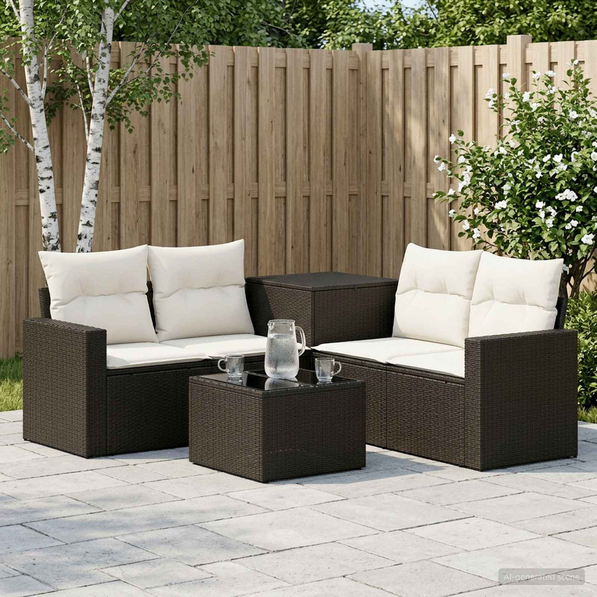 Bankstel 6 st Zwart en Cream Wit Poly Rattan en Staal is nu te koop bij PeponiXL, paradijselijk wonen!
