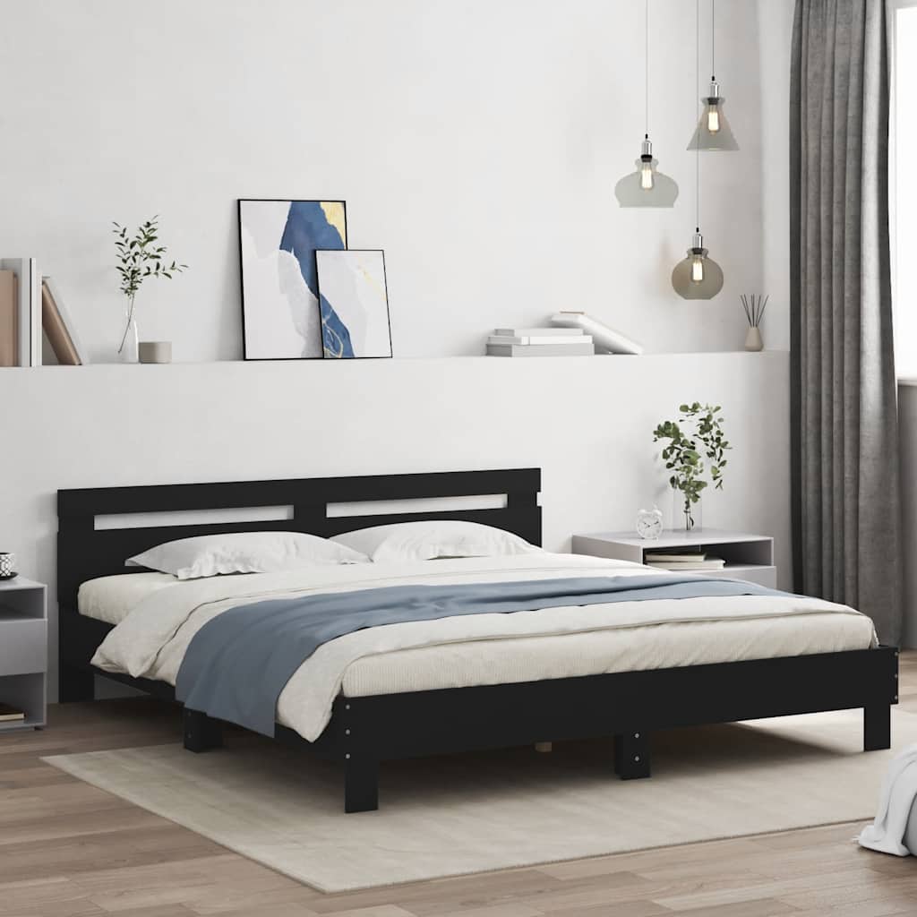 Bedframe met hoofdbord bewerkt hout zwart 180x200 cm is nu te koop bij PeponiXL, paradijselijk wonen!