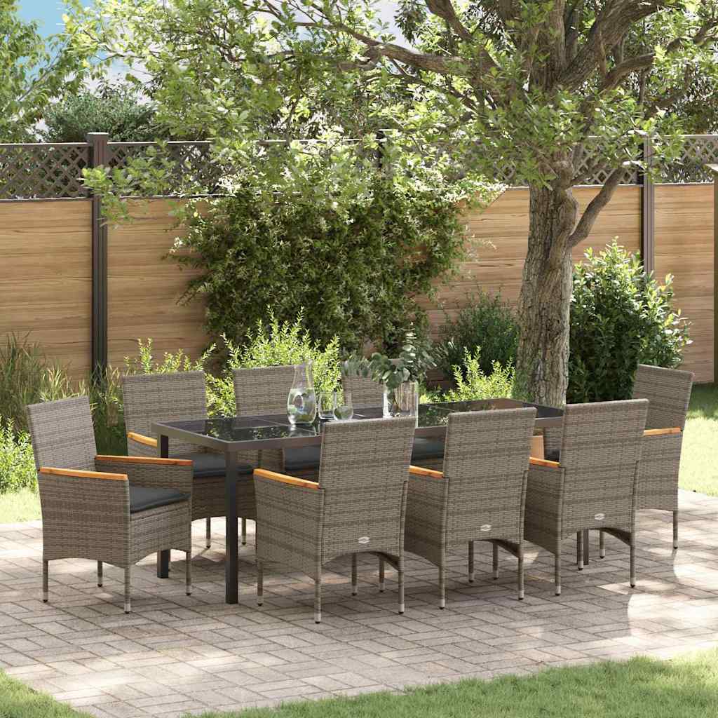 Tuin eettafelset met kussen 9 pcs Grijs poly rattan is nu te koop bij PeponiXL, paradijselijk wonen!