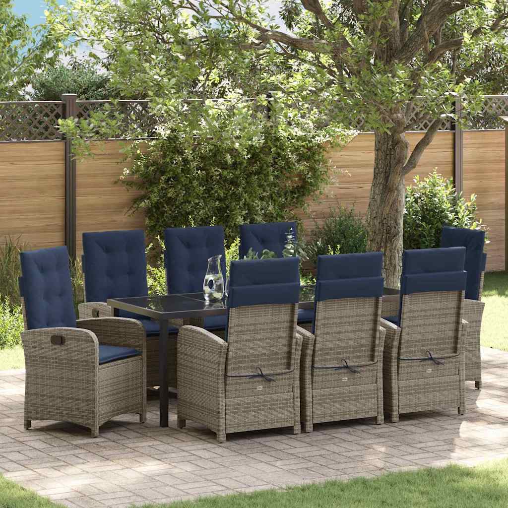 Tuin eettafelset met kussen 9 pcs Grijs poly rattan is nu te koop bij PeponiXL, paradijselijk wonen!