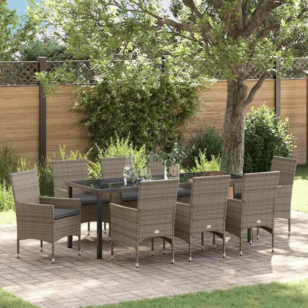 Tuin eettafelset met kussen 9 pcs Grijs poly rattan is nu te koop bij PeponiXL, paradijselijk wonen!