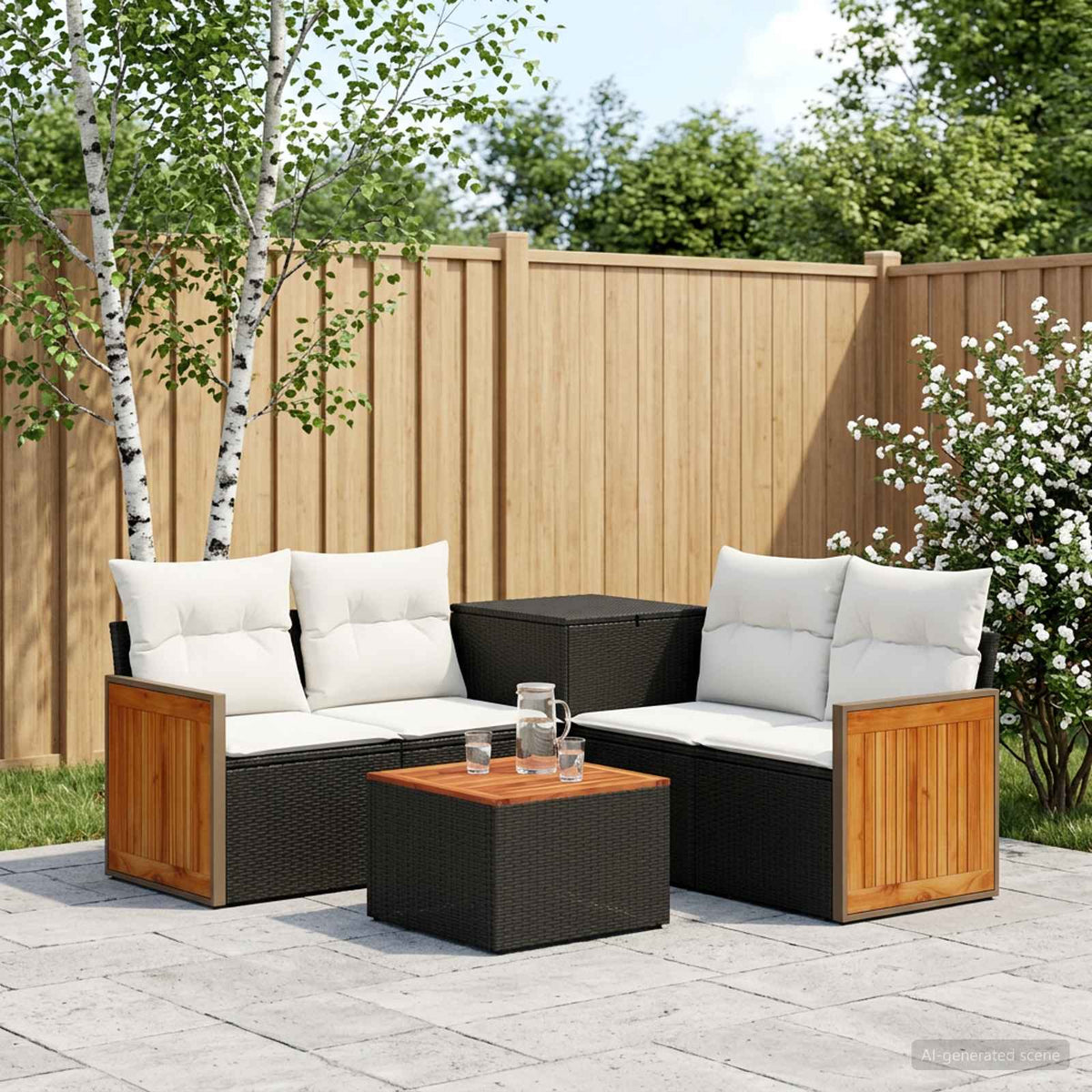 Bankstel 6 st Zwart en Cream Wit Poly Rattan en Staal is nu te koop bij PeponiXL, paradijselijk wonen!