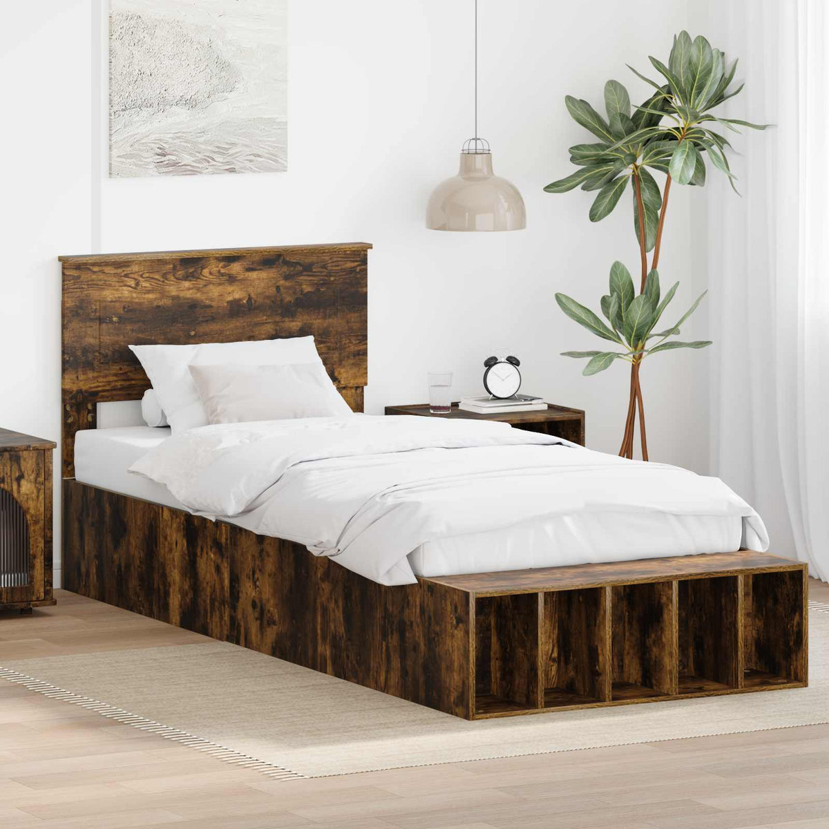 Bedframe met plank Gerookt eiken 75 x 190 cm Bewerkt hout is nu te koop bij PeponiXL, paradijselijk wonen!