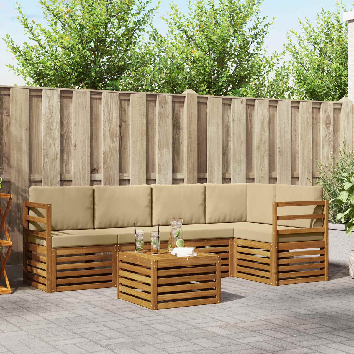 Hoekbank Set 6 pcs Natuurlijk en Beige Massief Acaciahout is nu te koop bij PeponiXL, paradijselijk wonen!
