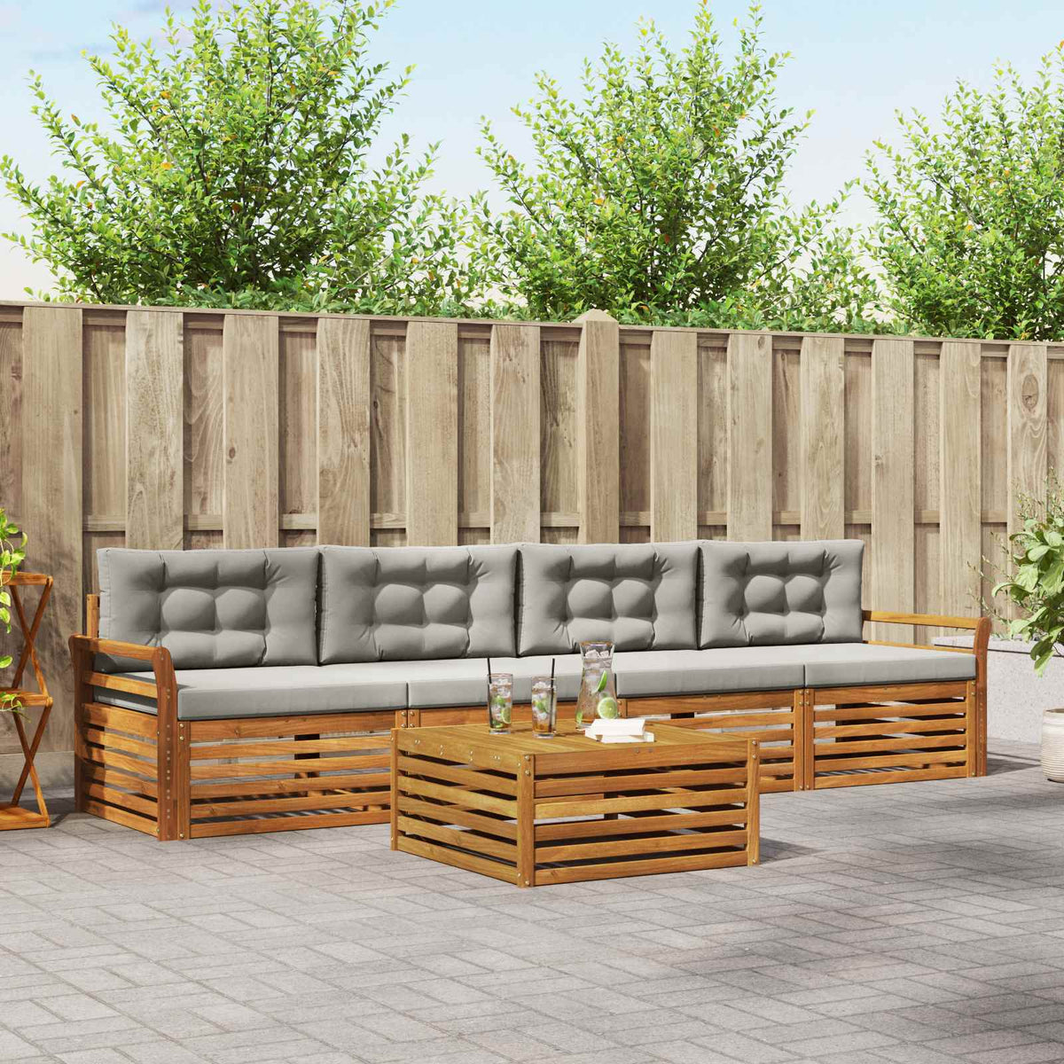 Buiten bankenset met kussen 5 pcs Natuurlijk en Lichtgrijs is nu te koop bij PeponiXL, paradijselijk wonen!