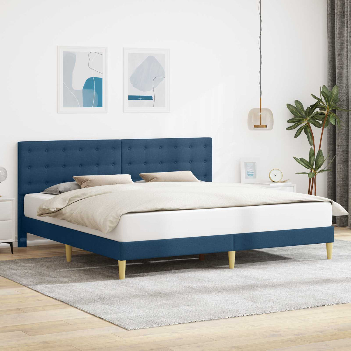 Bedframe met hoofdeinde Blauw 200 x 200 cm Stof is nu te koop bij PeponiXL, paradijselijk wonen!