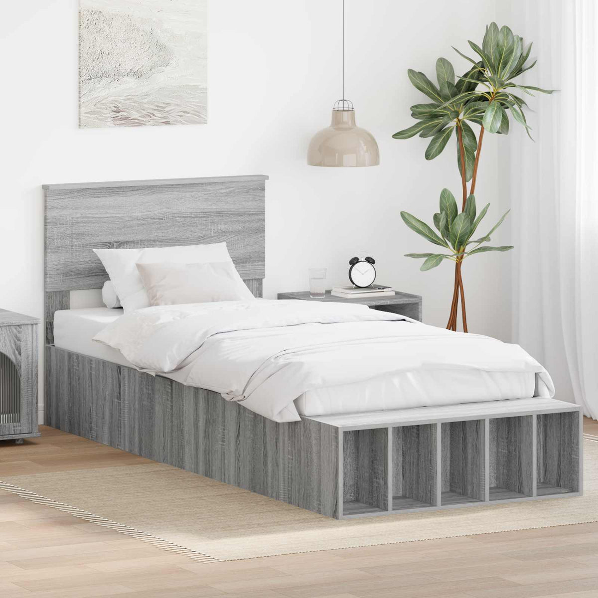 Bedframe met plank Grijs Sonoma 75 x 190 cm Bewerkt hout is nu te koop bij PeponiXL, paradijselijk wonen!