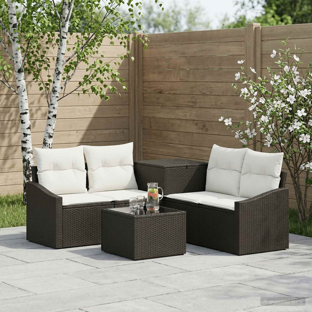 Bankstel 6 st Zwart en Cream Wit Poly Rattan en Staal is nu te koop bij PeponiXL, paradijselijk wonen!