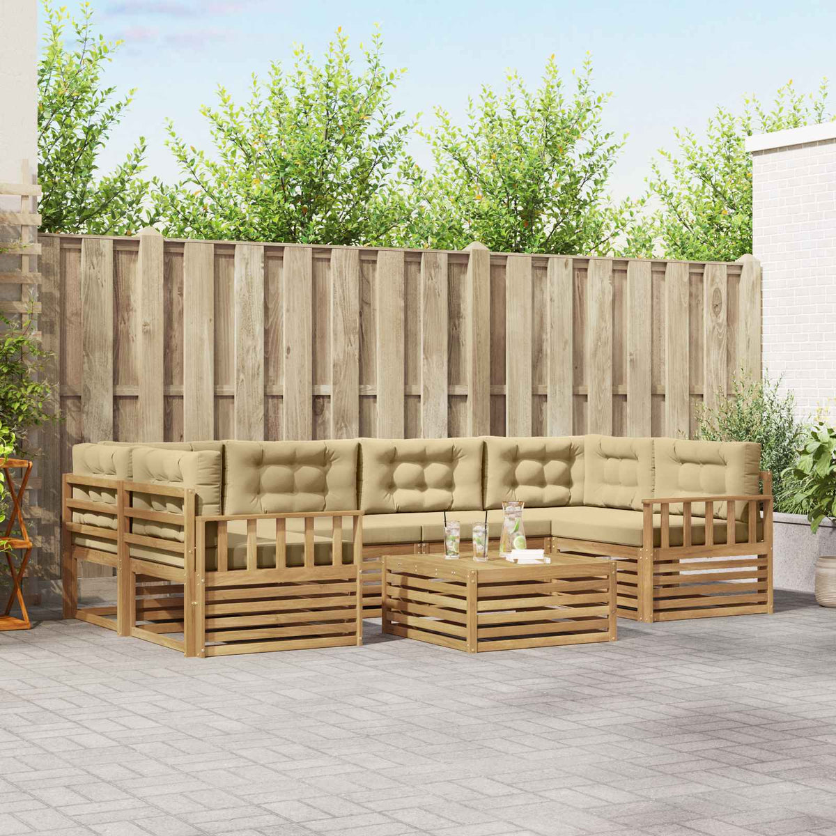 Buiten bankenset met kussen 7 pcs Wit en Beige Polyester is nu te koop bij PeponiXL, paradijselijk wonen!
