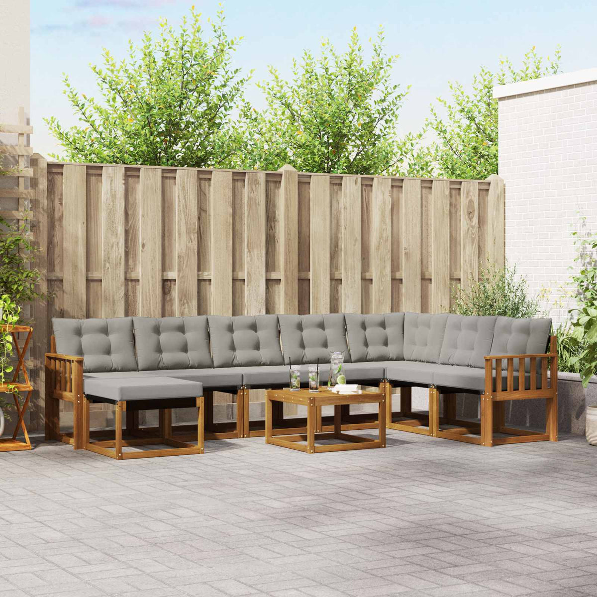 Buiten bankenset met kussen 9 pcs Natuurlijk en Lichtgrijs is nu te koop bij PeponiXL, paradijselijk wonen!