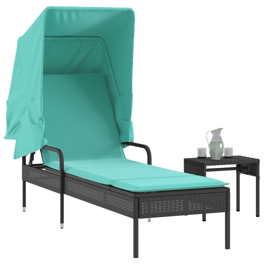 Ligstoel met luifel en tafel zwart poly rattan is nu te koop bij PeponiXL, paradijselijk wonen!