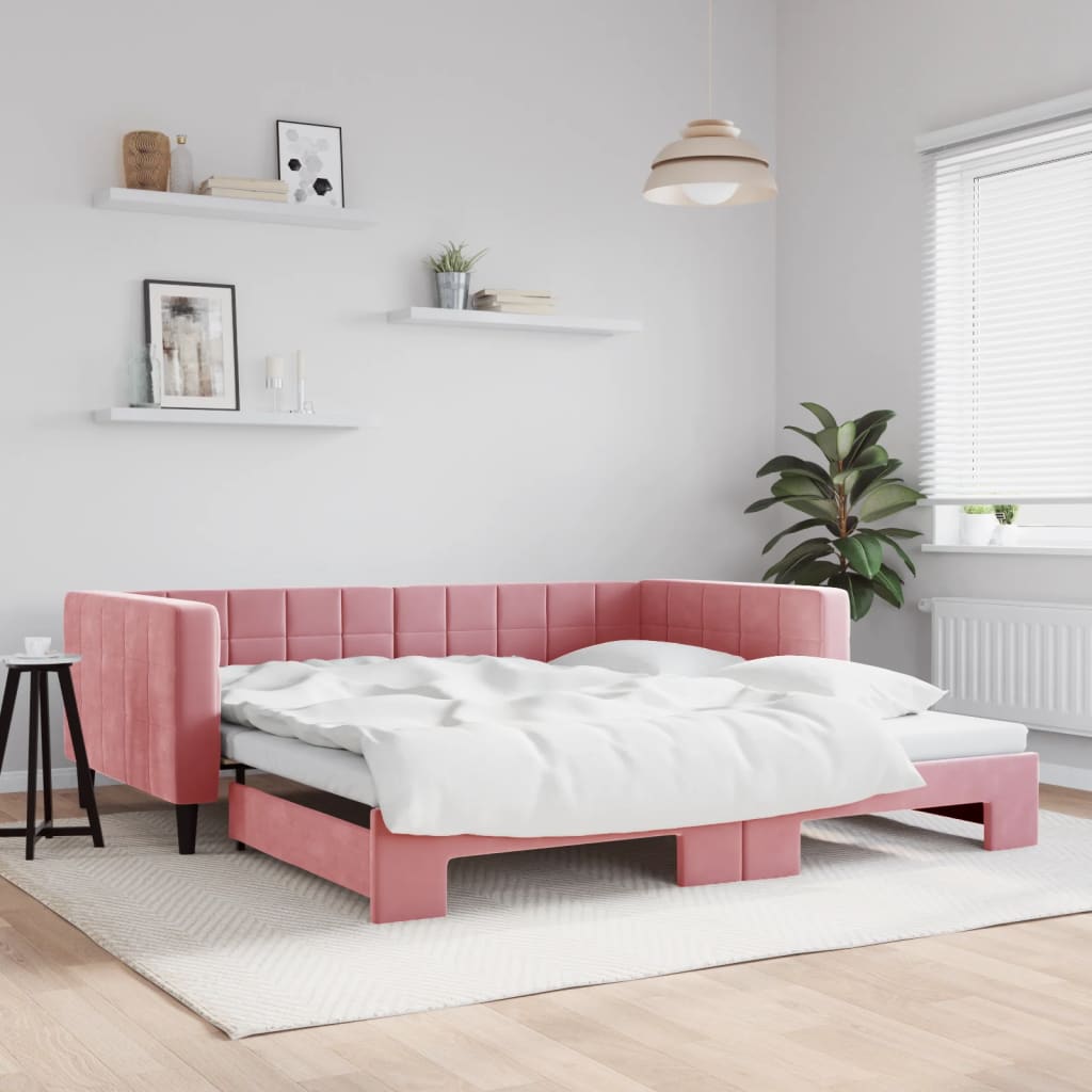 Slaapbank met onderschuifbed 100x200 cm fluweel roze is nu te koop bij PeponiXL, paradijselijk wonen!