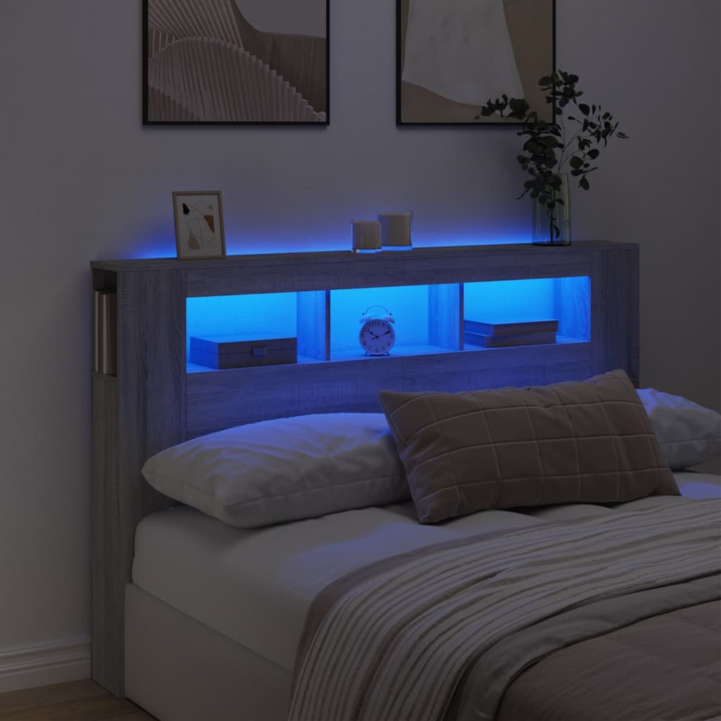 Hoofdeinde met LED 160x18,5x103,5 cm bewerkt hout grijs sonoma is nu te koop bij PeponiXL, paradijselijk wonen!