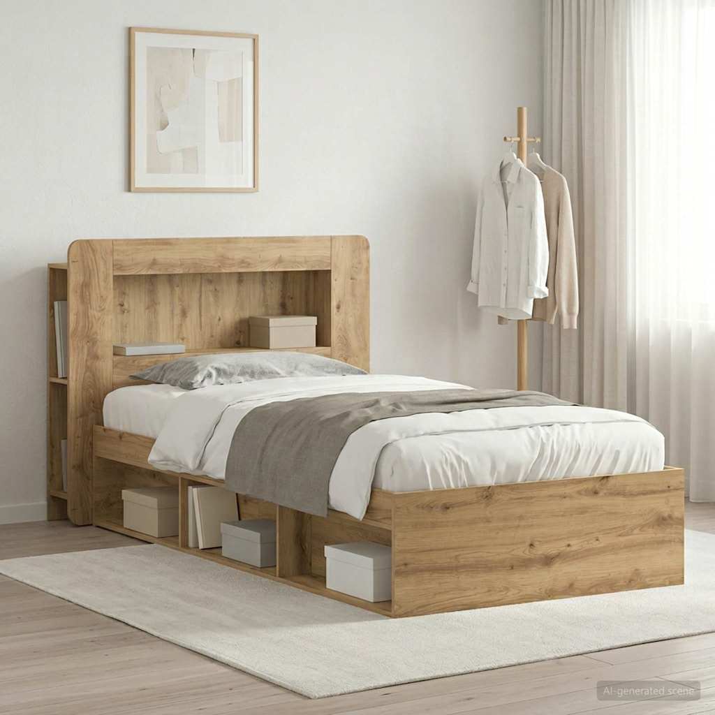 Bedframe met opslag Artisanaal eiken 90 x 200 cm Bewerkt hout is nu te koop bij PeponiXL, paradijselijk wonen!