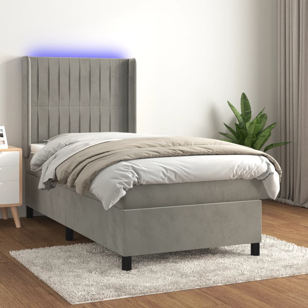 Boxspring met matras en LED fluweel lichtgrijs 90x200 cm is nu te koop bij PeponiXL, paradijselijk wonen!