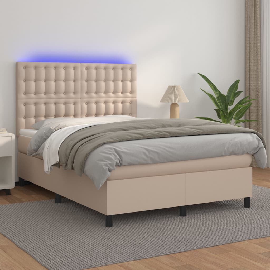 Boxspring met matras en LED kunstleer cappuccinokleur 140x190cm is nu te koop bij PeponiXL, paradijselijk wonen!