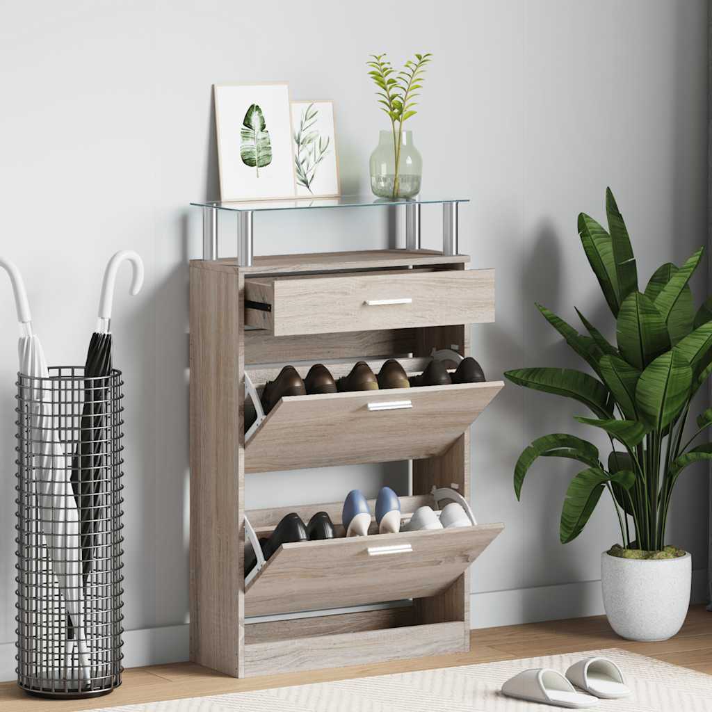Schoenenkast met lade en glazen bovenschap eiken-look is nu te koop bij PeponiXL, paradijselijk wonen!