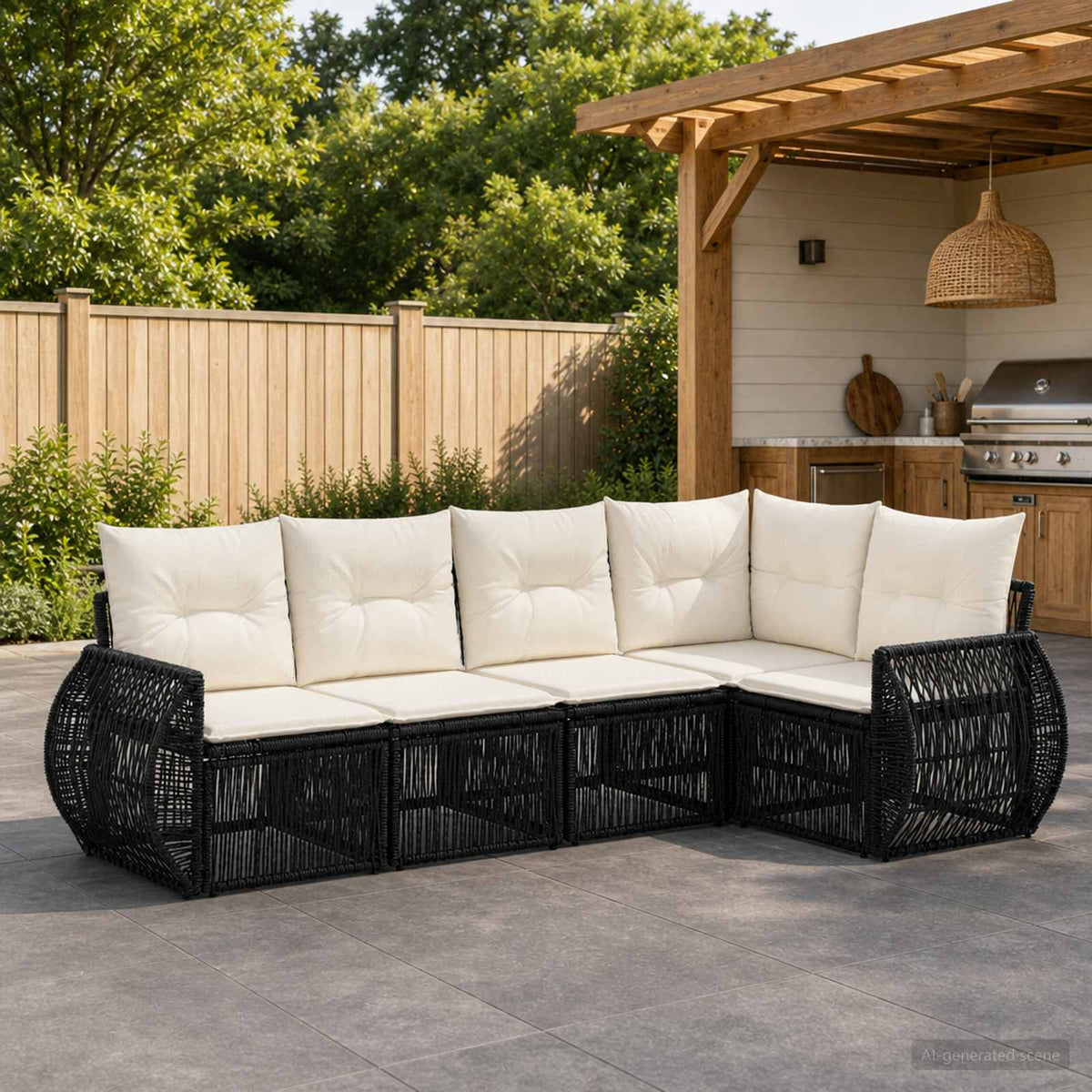 Tuinbankenset 5 pcs Zwart en Cream Wit poly rattan is nu te koop bij PeponiXL, paradijselijk wonen!