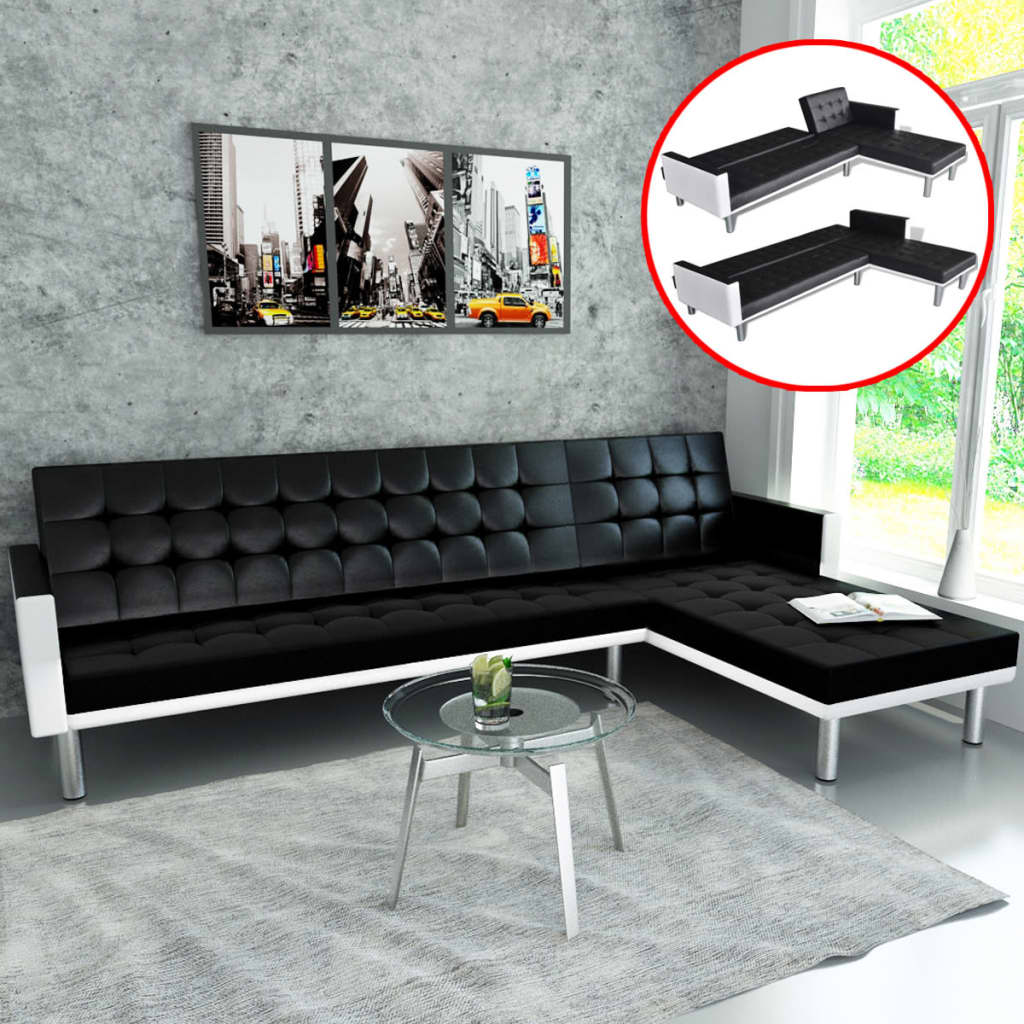 Slaapbank L-vormig kunstleer zwart is nu te koop bij PeponiXL, paradijselijk wonen!