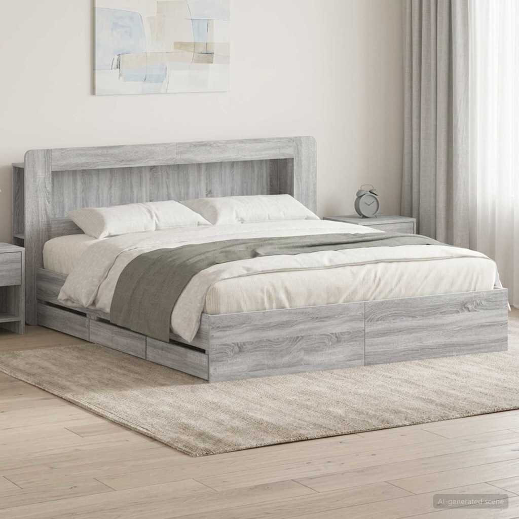 Bedframe met opslag Grijs Sonoma 200 x 200 cm Bewerkt hout is nu te koop bij PeponiXL, paradijselijk wonen!